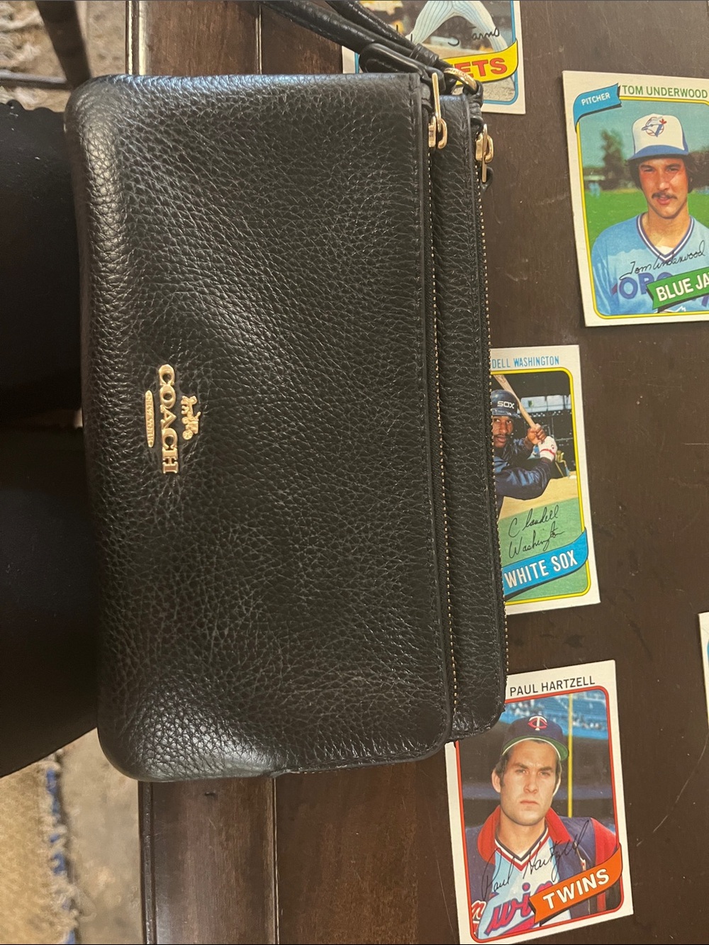 Coach Black Pebbled Leather Wristlet with Gold Logo